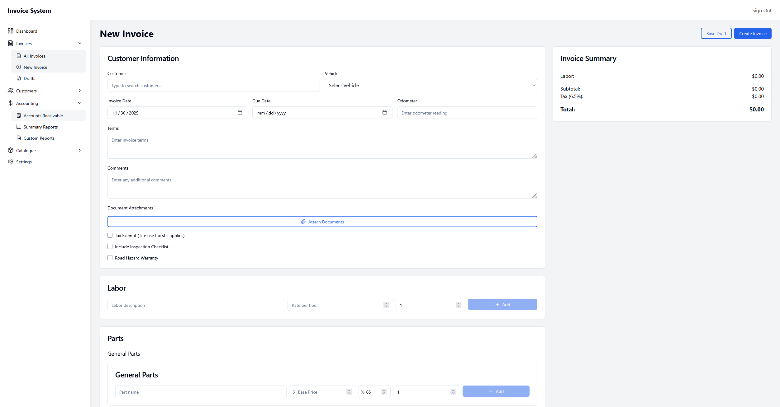 Custom Auto Shop Invoicing App Screenshot